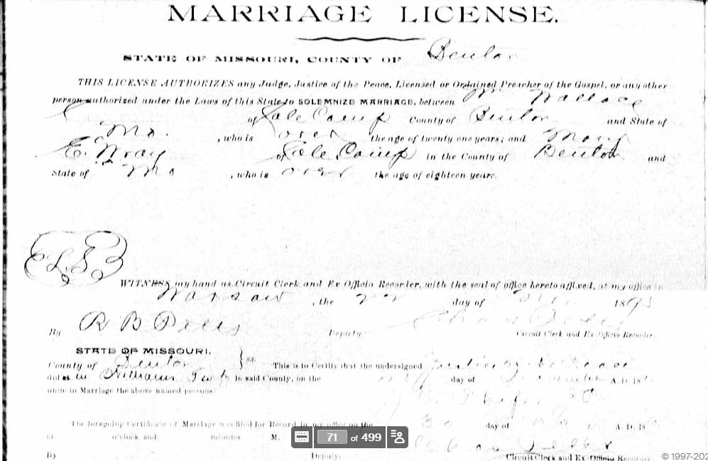 1875 Benton County Missouri marriage license for William Wallace and Mary E. Wray